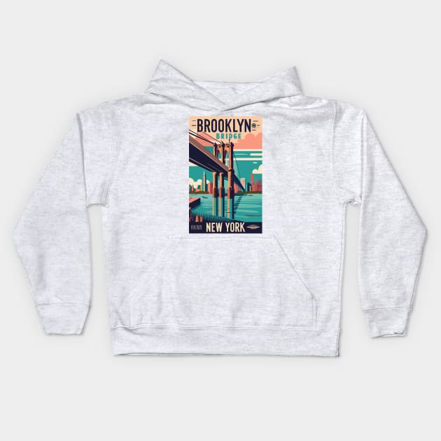 A Vintage Travel Art of the Brooklyn Bridge in New York - US Kids Hoodie by goodoldvintage